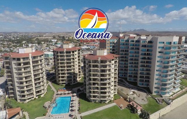 Aerial view of the Oceana towers and pool at Rosarito Inn